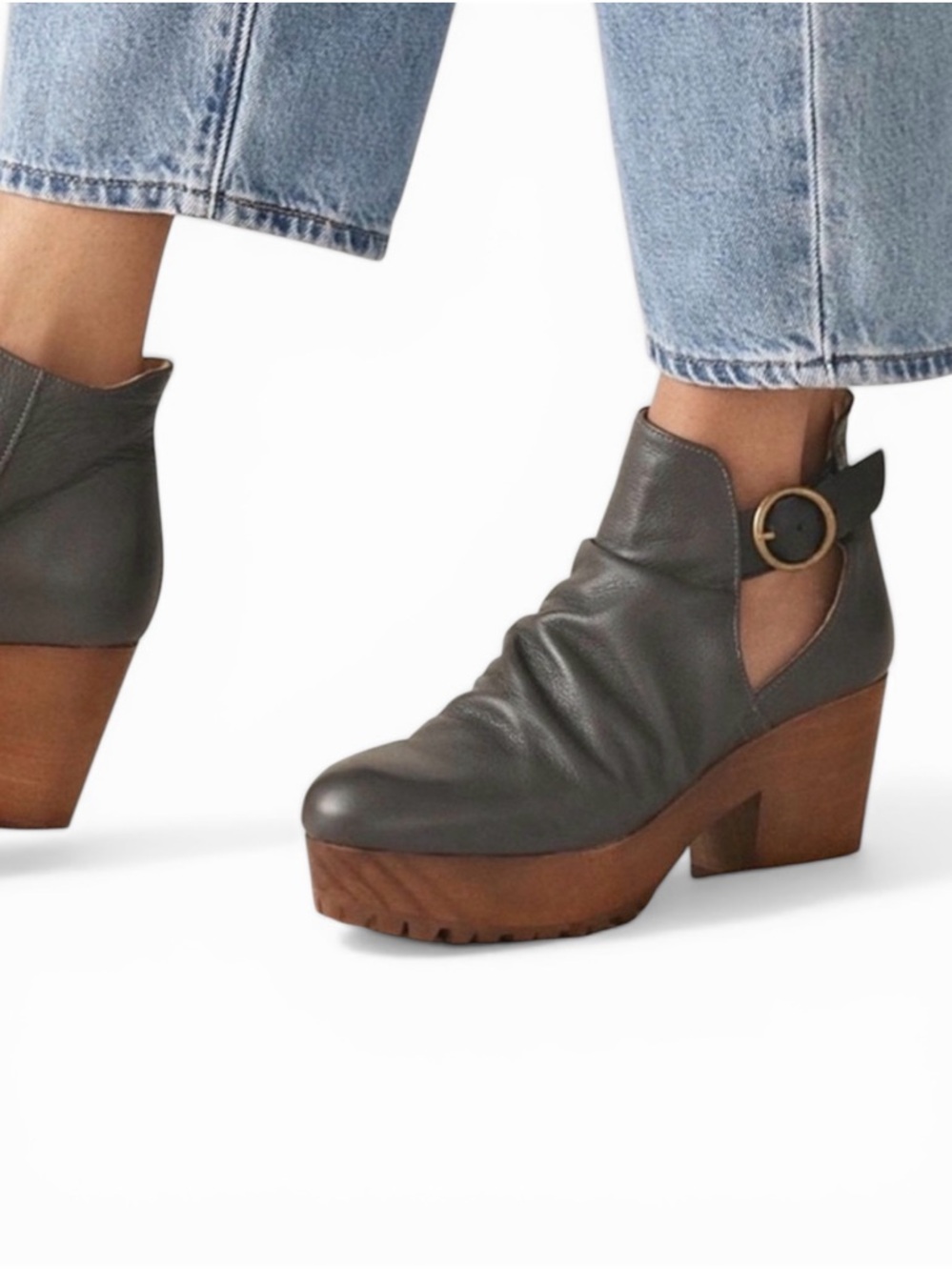 Free People Suri Leather Buckle Wooden Heel Clogs Dark Grey Size 37/ US 6.5